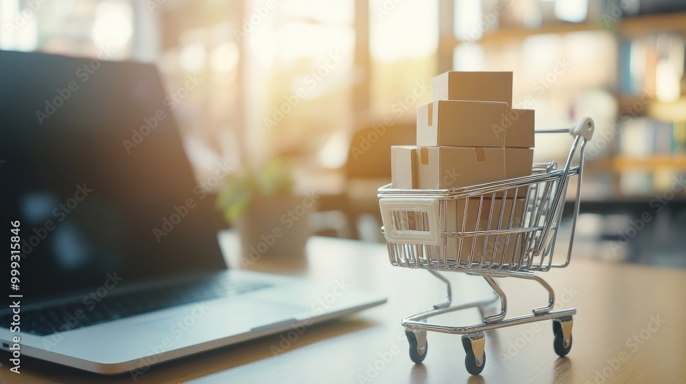 Close up shopping cart and product package boxes with laptop, Shopping service on The online web. Miniature cardboard box Close up shopping cart and product package boxes with laptop, Shopping service on The online web. Miniature cardboard box