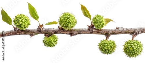 Green Chestnut On Branch Isolated On White Background photo