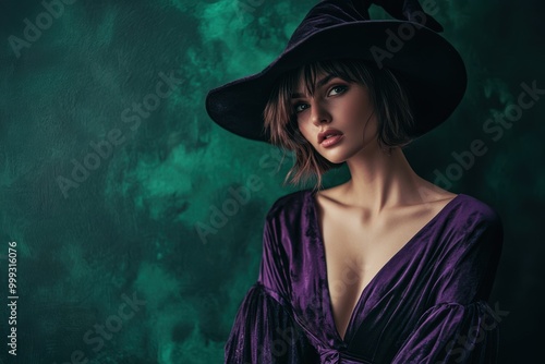 Portrait of a Caucasian woman with a bob hairstyle, wearing a gothic purple dress and witch hat, copy space, in a dark green and black studio background, Halloween theme, supernatural elegance photo