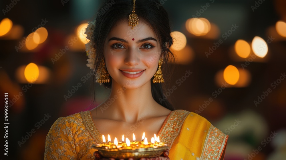 Portrait of a newly married young Indian woman in a bright yellow bridal saree with intricate gold accents and a young Indian man in a dark brown kurta, both together holding a single big thali Portrait of a newly married young Indian woman in a bright yellow bridal saree with intricate gold accents and a young Indian man in a dark brown kurta, both together holding a single big thali