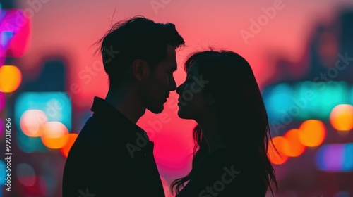 Silhouetted couple in a romantic embrace surrounded by the lively atmosphere of a bustling night market Twinkling lights colorful street food stalls and a blurred city backdrop create an enchanting