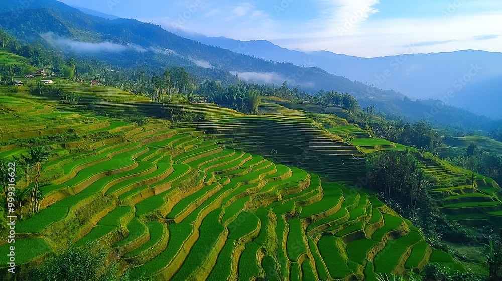 Beautiful view of terraced rice fields in Lembah village, in summer Beautiful view of terraced rice fields in Lembah village, in summer