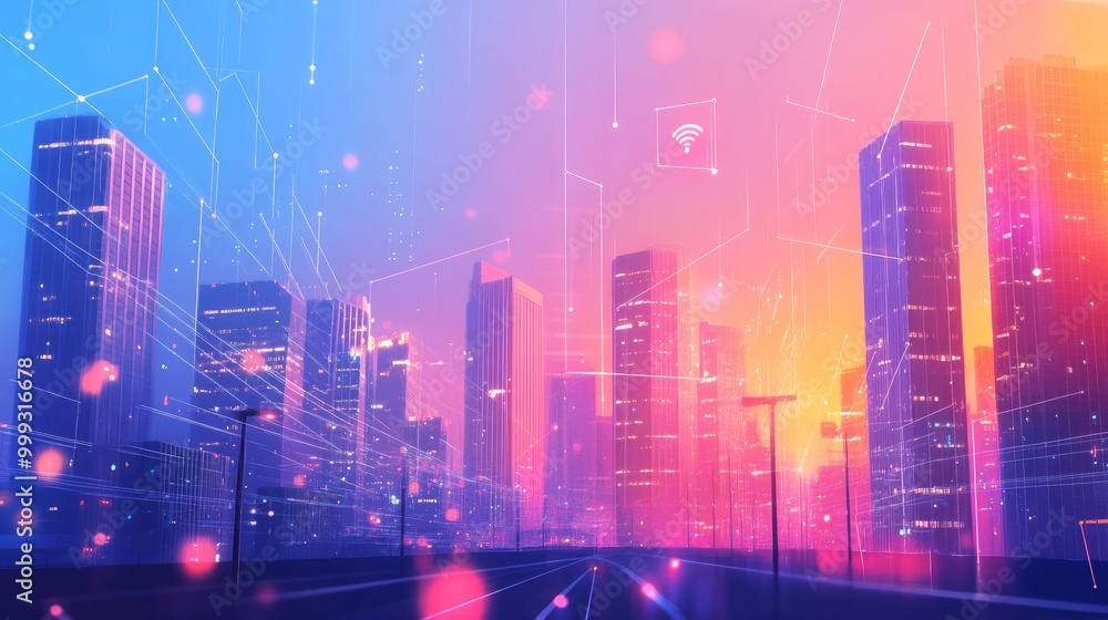 Modern city and wireless communication network concept. Smart city. Digital transformation. Vertical visual for advertisements and banners Modern city and wireless communication network concept. Smart city. Digital transformation. Vertical visual for advertisements and banners