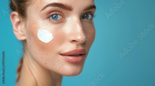 Radiant Woman Demonstrating Skincare Routine with Moisturized Clear Skin in Studio Portrait