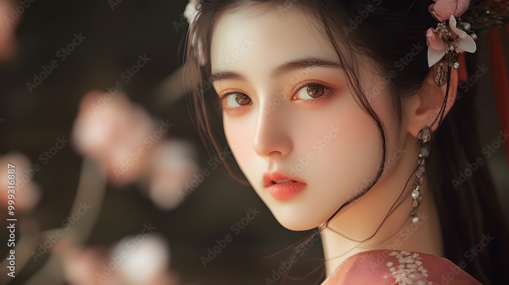 Fototapeta premium The girl standing naturally in a Han Dynasty outfit, her hair decorated with a single flower, subtle matte texture