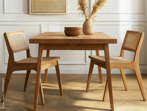 Handcrafted wooden dining chairs with woven cane seats, adding a touch of warmth to any dining room. photo