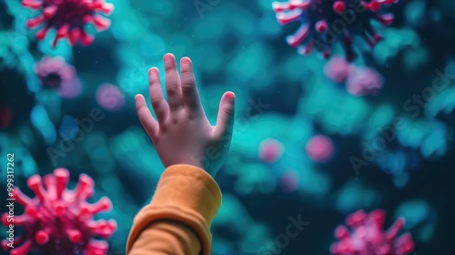 Close up image of a child s hand touching a contaminated surface revealing the presence of germs and viruses in a high touch area  The profound depth of field creates a striking impactful photo