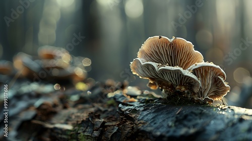 A group of mushrooms growing on a textured log in a forest setting.