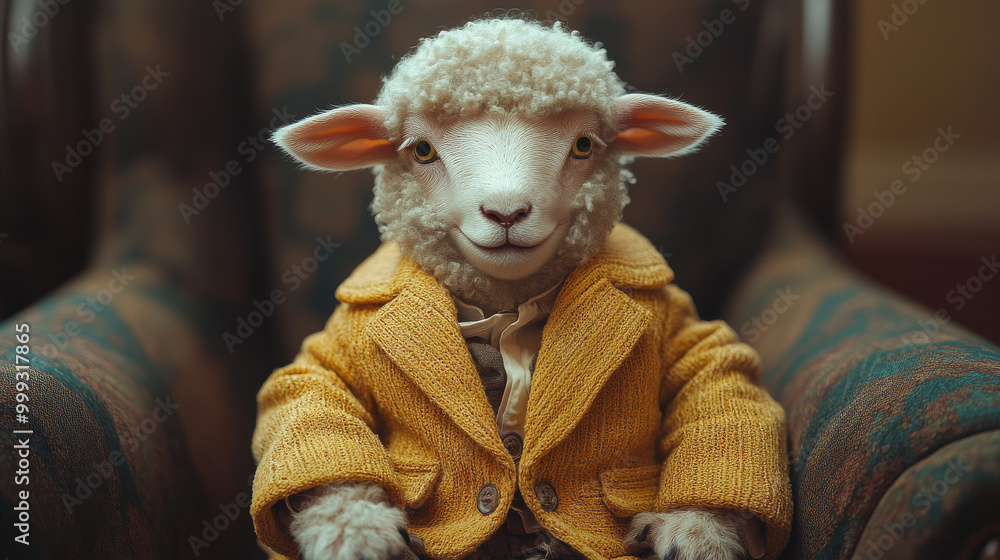 A fluffy sheep wearing a yellow jacket, sitting on a chair, looks at the camera with a smile.