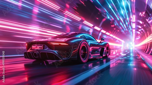 Obraz na płótnie Futuristic Sports Car Speeding in Neon-Lit Tunnel w salonie