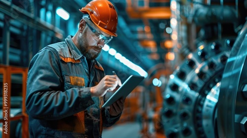 Industrial Engineer in Hard Hat Using Tablet at Manufacturing Plant