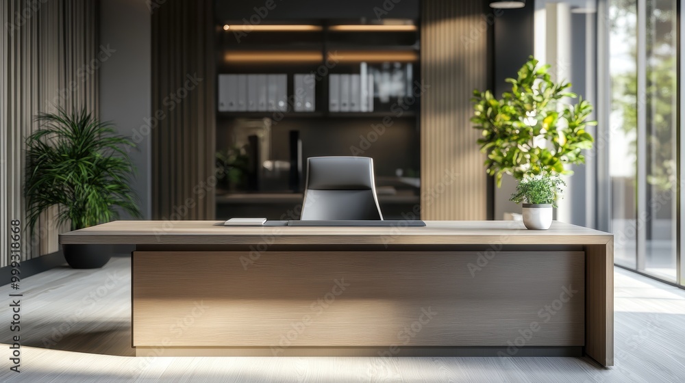 Minimalist Office Interior With Wooden Desk. Generative AI. Minimalist Office Interior With Wooden Desk. Generative AI.