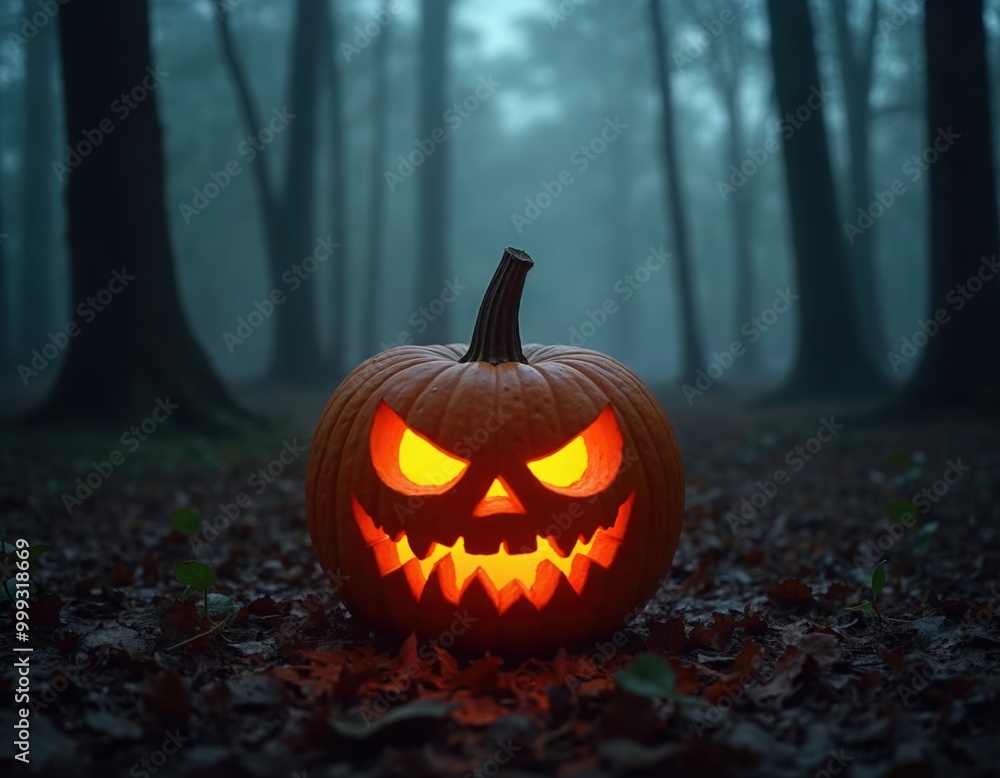 A scary spooky glowing carved Halloween pumpkin A scary spooky glowing carved Halloween pumpkin