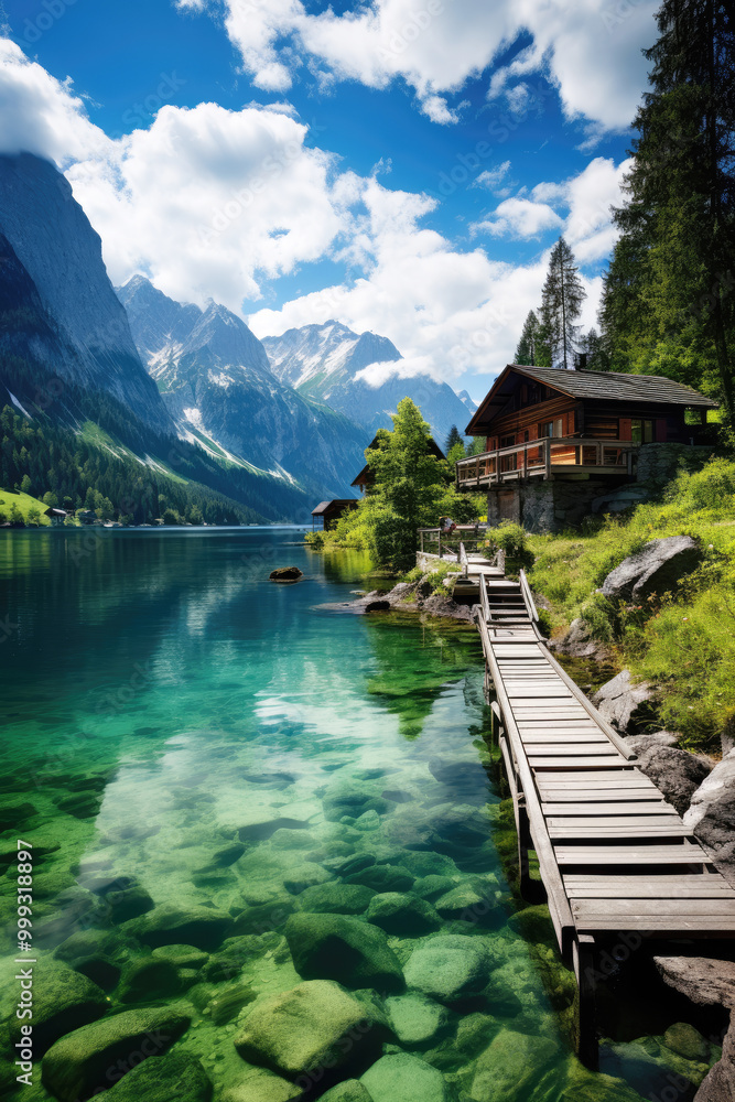 Fototapeta premium generated illustration of mountain ,forest with rocks and cabin by the lake.