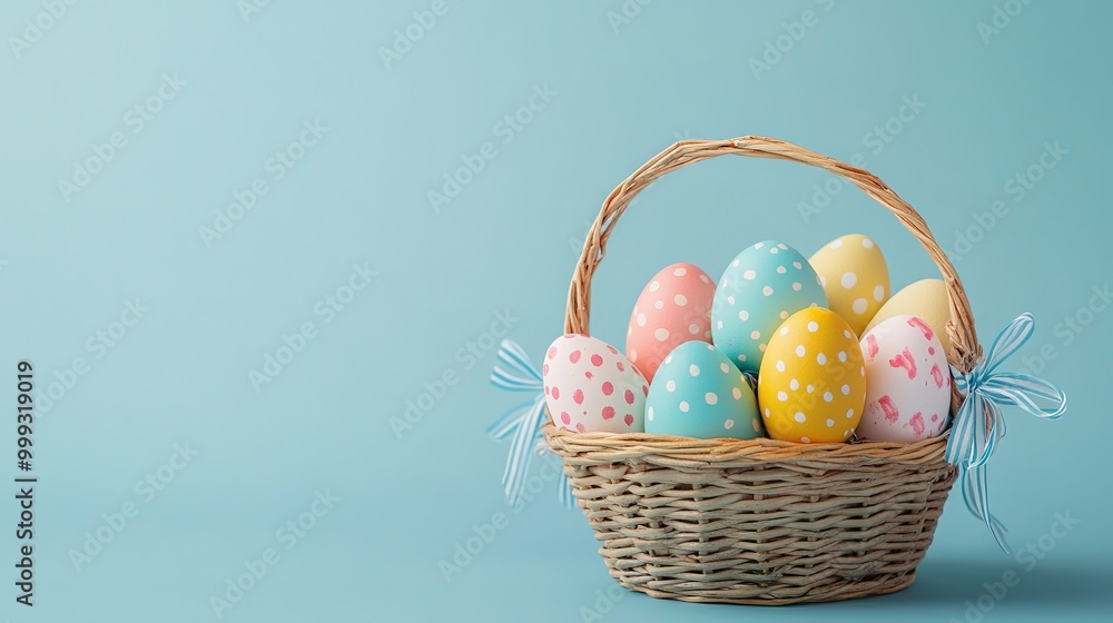 Easter gift basket with multicolored eggs, light blue background Easter gift basket with multicolored eggs, light blue background