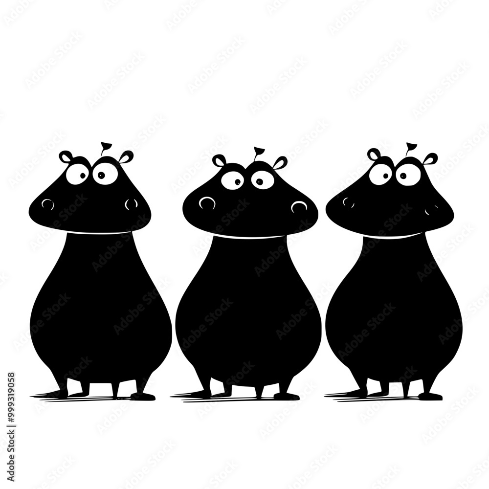 Obraz premium Cartoon hippos standing and swimming in black and white, three standing on land and three swimming, depicted in a playful black and white illustration style.