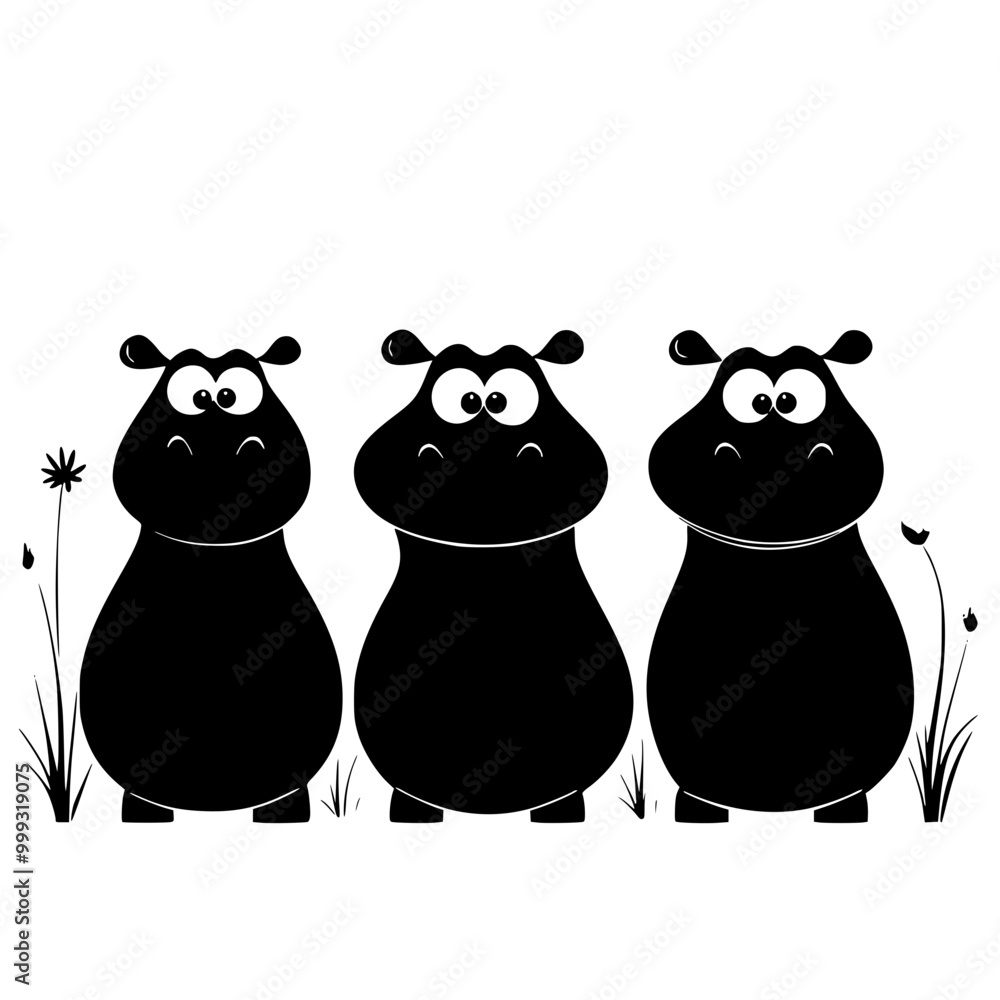 Obraz premium Cartoon hippos standing and swimming in black and white, three standing on land and three swimming, depicted in a playful black and white illustration style.