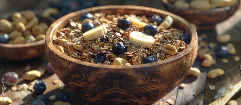 Homemade Oatmeal Granola With Peanuts Blueberry And Banana In Wooden Bowl Sunny Morning Homemade Oatmeal Granola With Peanuts Blueberry And Banana In Wooden Bowl Sunny Morning