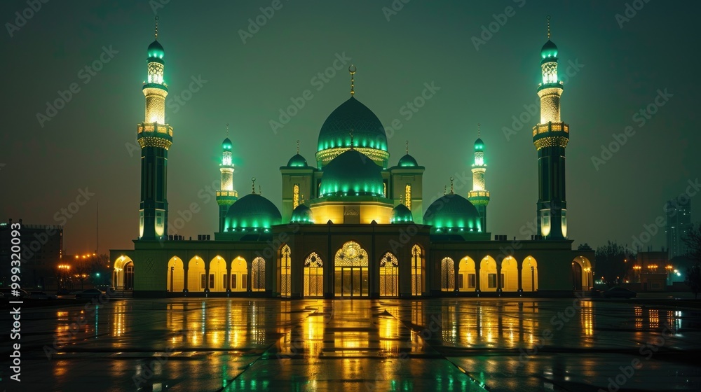 Majestic Mosque Illuminated at Night Under a Cloudy Sky