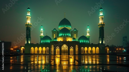 Obraz na płótnie Majestic Mosque Illuminated at Night Under a Cloudy Sky w salonie