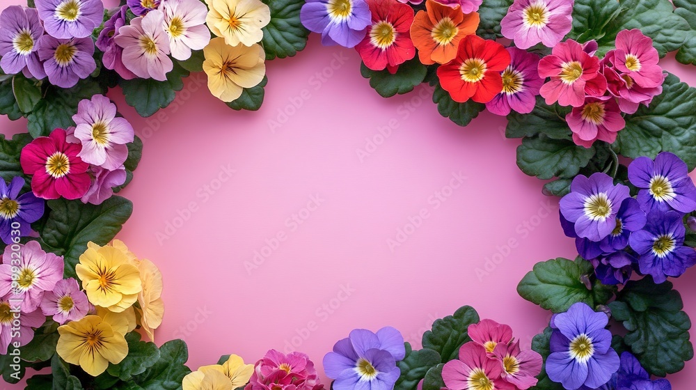 Multicolor Primula Flower Frame, top view. Bright Living Wall in the Country Garden Primula Primrose Blooms in full color. Primula Primula Vulgaris flower blooming. Pink background Multicolor Primula Flower Frame, top view. Bright Living Wall in the Country Garden Primula Primrose Blooms in full color. Primula Primula Vulgaris flower blooming. Pink background