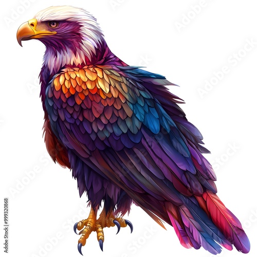 A vibrant, multicolored eagle stands majestically, showcasing an intricate feather pattern that blends shades of purple, blue, orange, and yellow. photo