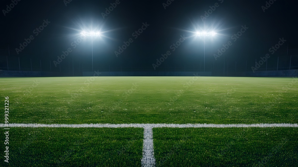 Obraz premium A well-lit soccer field under night skies, showcasing vibrant green grass and bright floodlights illuminating the area.