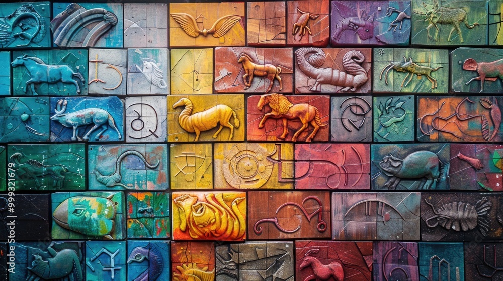 Colorful Mosaic Wall with Assorted Animal Sculptures