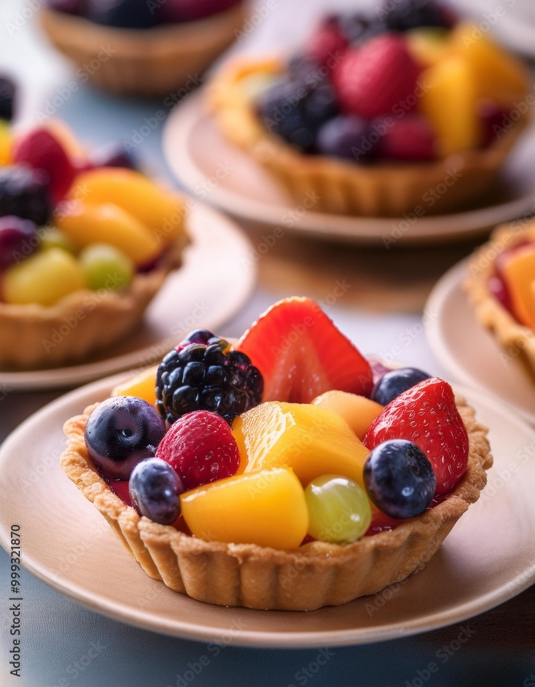 Classic fruit tarts with depth of field showcasing fresh fruits and buttery crusts Classic fruit tarts with depth of field showcasing fresh fruits and buttery crusts