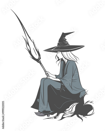 Silhouette of young cute witch girl with broomstick. Long curly hair. Halloween relative character silhouette