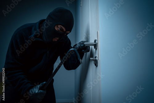 Thief in uniform black jacket various action housebreak. The Robber terrorism criminal escapes with balaclava and crowbar entering a house for stealing Housebreak at night photo