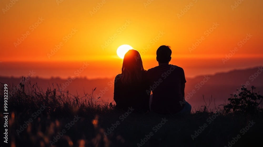 Silhouette of a couple sitting on a hilltop, watching the sunset. Silhouette of a couple sitting on a hilltop, watching the sunset.