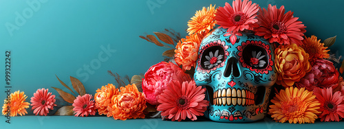 Colorful sugar skull with flowers on blue background, concept of día de los muertos celebration. Festive and vibrant atmosphere.