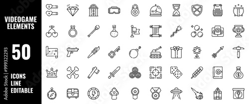 50 Videogame Elements Icons Set Pack Line Editable Vector Illustration