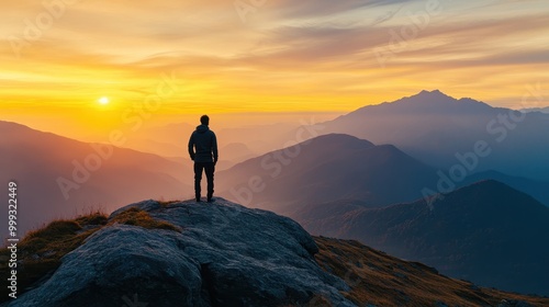 Serene Solitude: Silhouette of a Hiker Enjoying the Sunset over Majestic Mountains