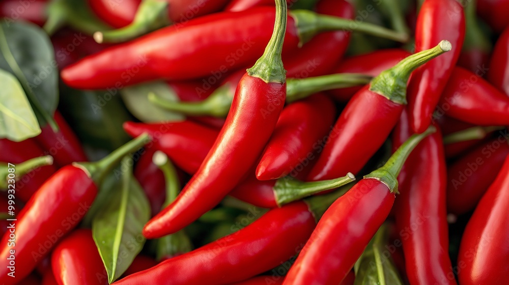 Fresh Red Chili Peppers on Green Leaves Background Fresh Red Chili Peppers on Green Leaves Background