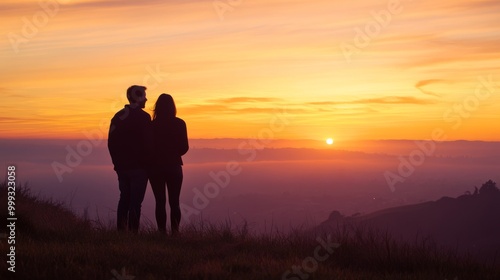 Silhouette of a couple watching the sunset from a hilltop.