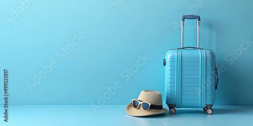 Blue suitcase with sun glasses, hat and camera on pastel blue background travel concept minimal rendering, travel, concept