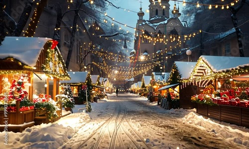 Enchanting Christmas Market in a Winter Wonderland with Stalls and Twinkling Lights