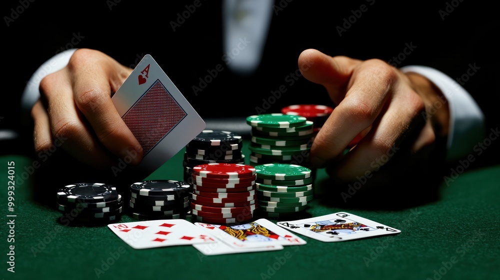 Skilled Dealer in Action: Close-up of Hands Flipping Cards and Counting Chips at Blackjack Table Skilled Dealer in Action: Close-up of Hands Flipping Cards and Counting Chips at Blackjack Table