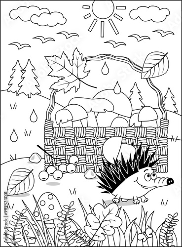 Basket with mushrooms coloring page activity, sign, poster
