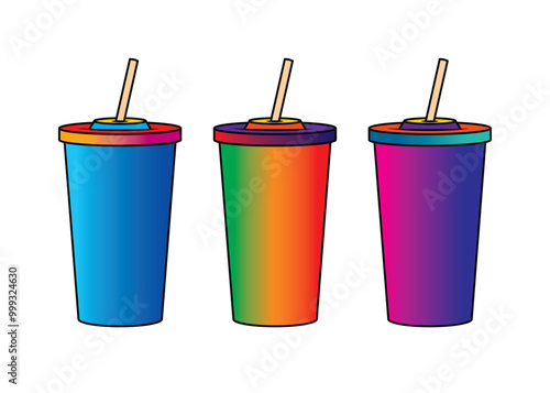 Fast food plastic cup with straw. Hot or cold drink. Original vector illustration in vintage style.