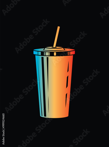 Fast food plastic cup with straw. Hot or cold drink. Original vector illustration in vintage style.