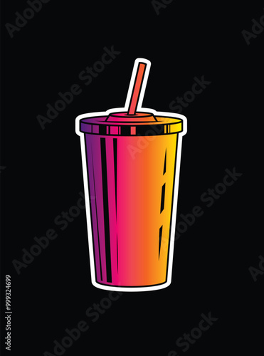 Fast food plastic cup with straw. Hot or cold drink. Original vector illustration in vintage style.