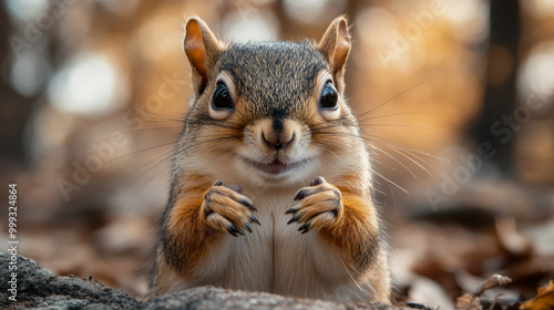 A cute squirrel sits in the woods, with a curious expression on its face.