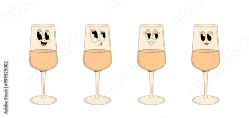 Set retro groovy characters summer cocktail. Funky alcohol beverage white wine glass with different emotions. Vintage vector illustration 70s, 80s style