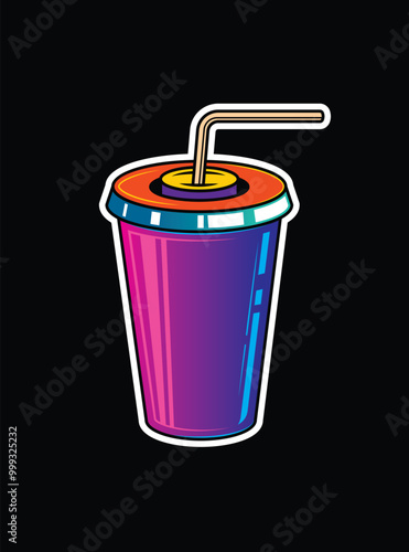 Fast food plastic cup with straw. Hot or cold drink. Original vector illustration in vintage style.