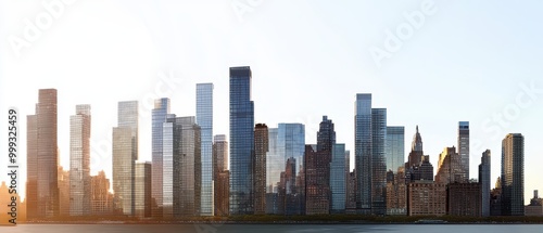 A panoramic skyline view featuring a mix of modern skyscrapers under a clear sky, illuminated by sunlight on the horizon.