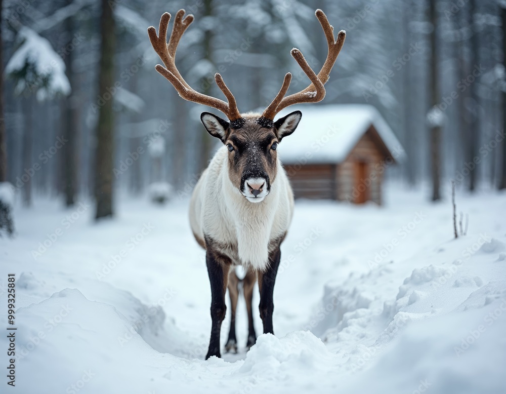 Portrait of a reindeer with massive antlers pulling sleigh in snow Portrait of a reindeer with massive antlers pulling sleigh in snow