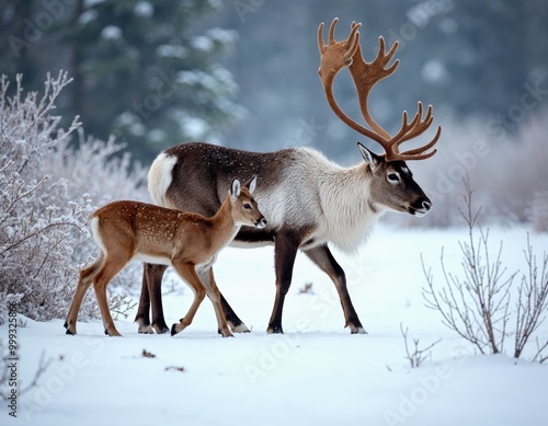 Portrait of a reindeer with massive antlers pulling sleigh in snow